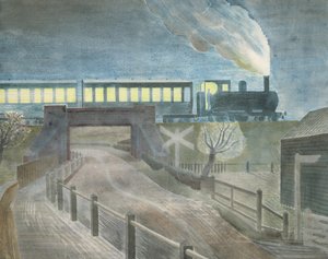 Train Going Over a Bridge at Night